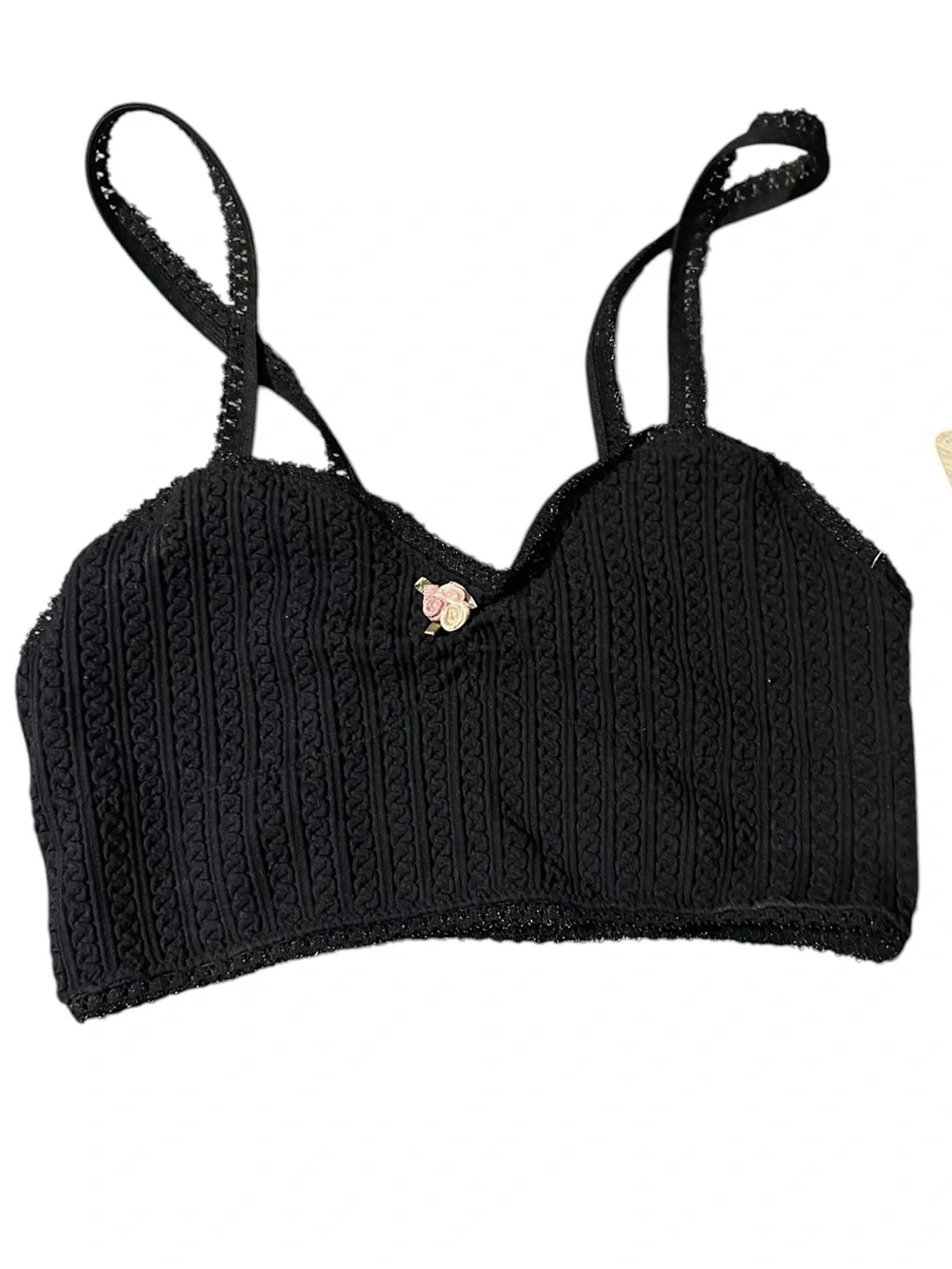 Free People Black Crochet Bralette with Floral Charm